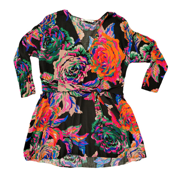 Zara floral mini dress long sleeves waist tie size small - Picture 1 of 6